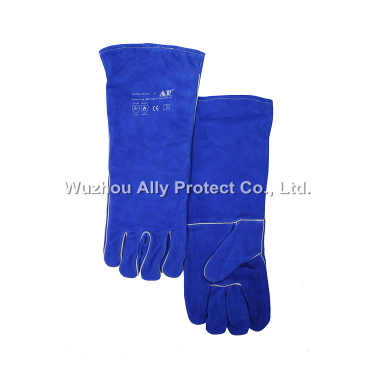 AP-2054 Blue Lengthen Leather Welding Gloves